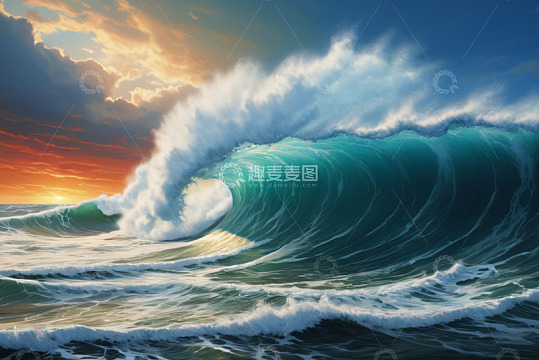 夕阳下大海翻涌的巨大波浪
