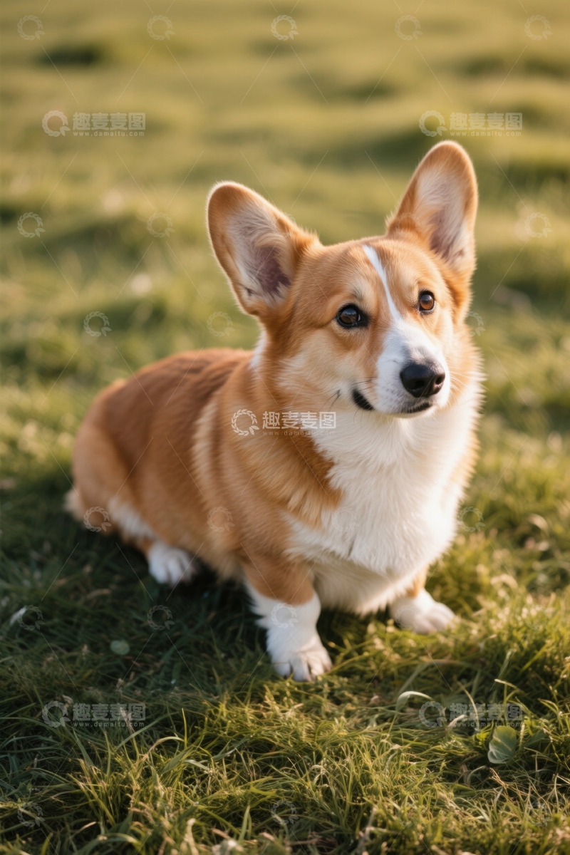高清大图下载【趣麦麦图】草地上坐着的柯基宠物犬
