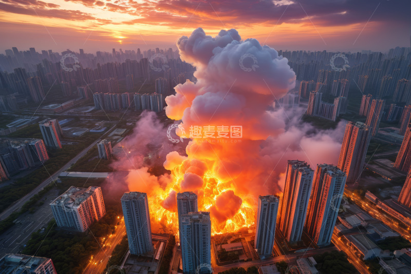 高清大图下载【趣麦麦图】城市高楼火灾航拍景象