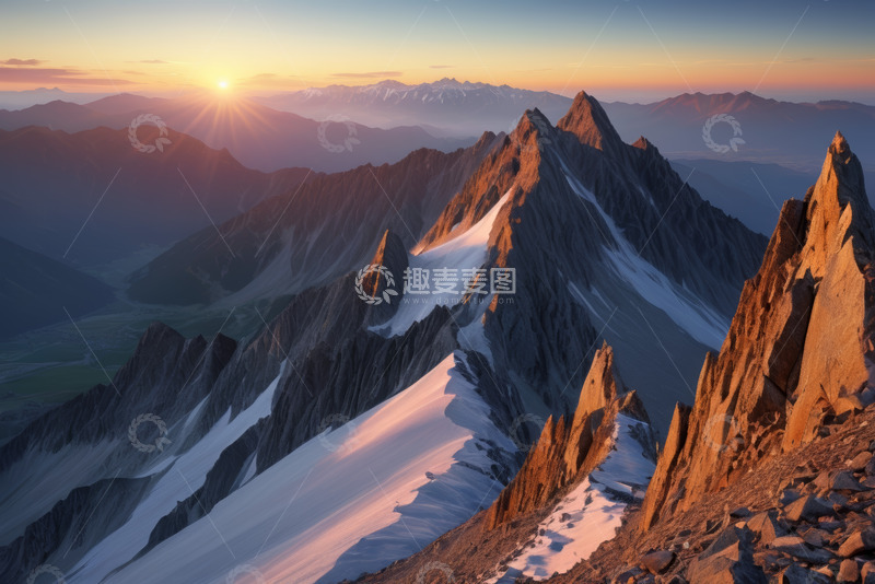 高清大图下载【趣麦麦图】雪山日出壮丽景观