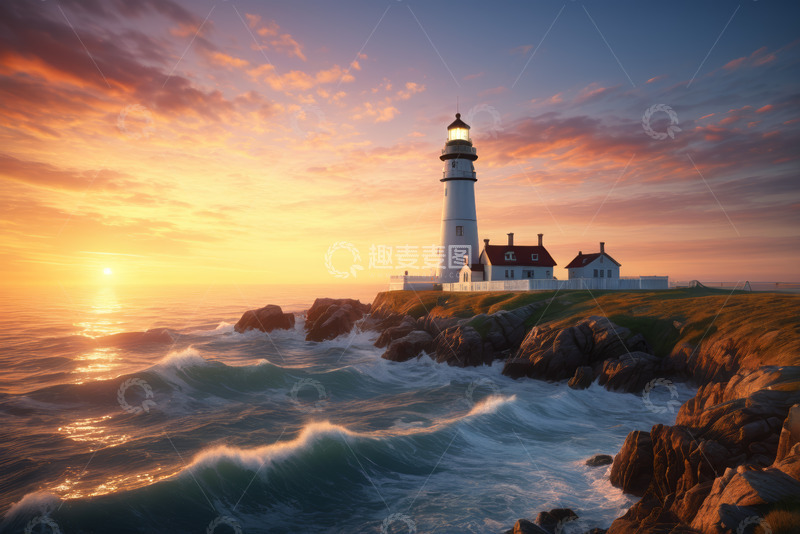 高清大图下载【趣麦麦图】海边灯塔日落风景