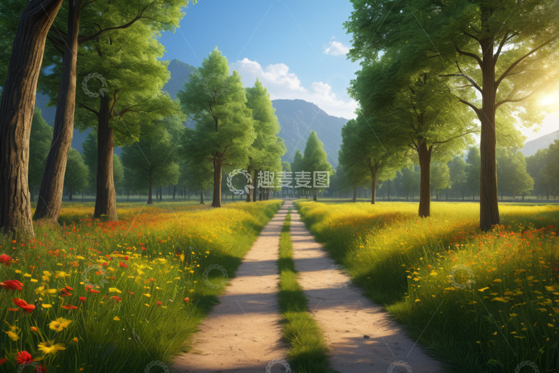 高清大图下载【趣麦麦图】林间小道旁的繁花与绿树