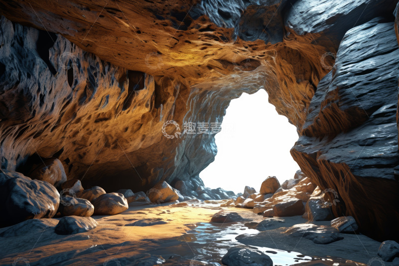高清大图下载【趣麦麦图】山洞内部岩石与洞口光线景象