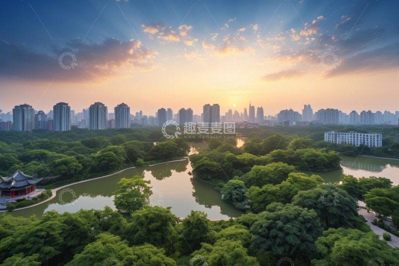 高清大图下载【趣麦麦图】城市公园日落全景