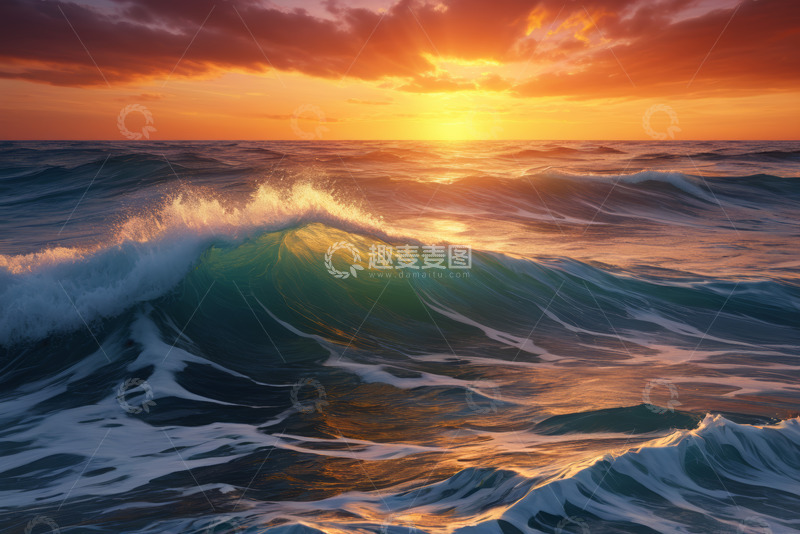 高清大图下载【趣麦麦图】海上日落时分的波涛景象