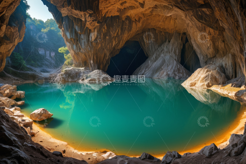 高清大图下载【趣麦麦图】洞穴内碧绿湖水与岩石景观