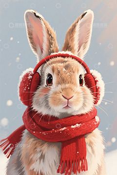 戴耳罩围巾的兔子冬季形象