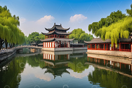 中式古典建筑湖畔风景