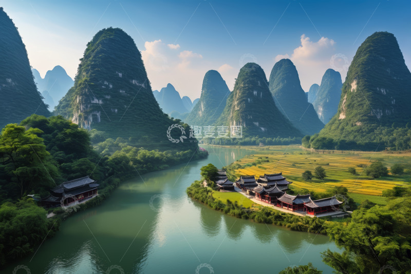 高清大图下载【趣麦麦图】桂林漓江山水古建筑风光