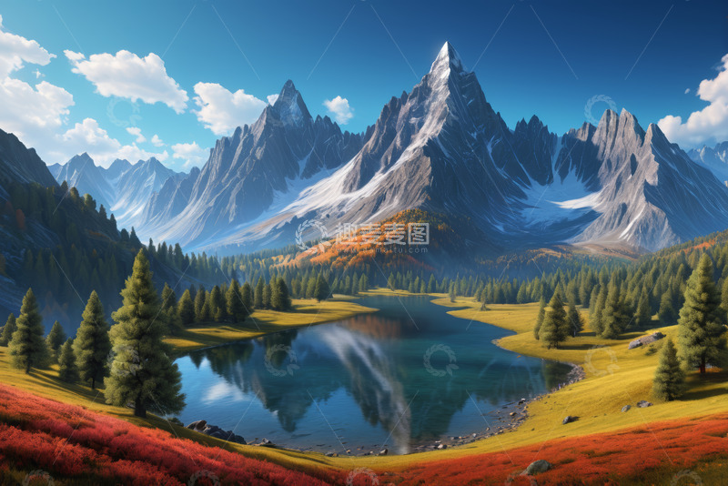 高清大图下载【趣麦麦图】山间湖泊自然风光全景