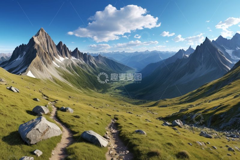 高清大图下载【趣麦麦图】山间草地与远山峰峦景观