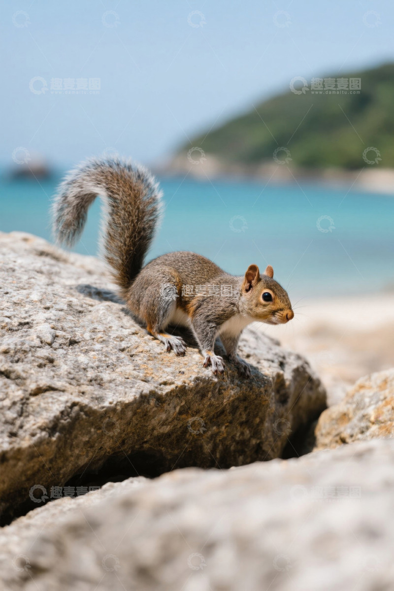 高清大图下载【趣麦麦图】海边岩石上的松鼠特写
