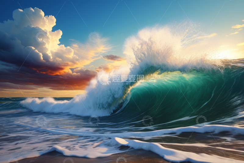高清大图下载【趣麦麦图】夕阳下汹涌海浪自然景观