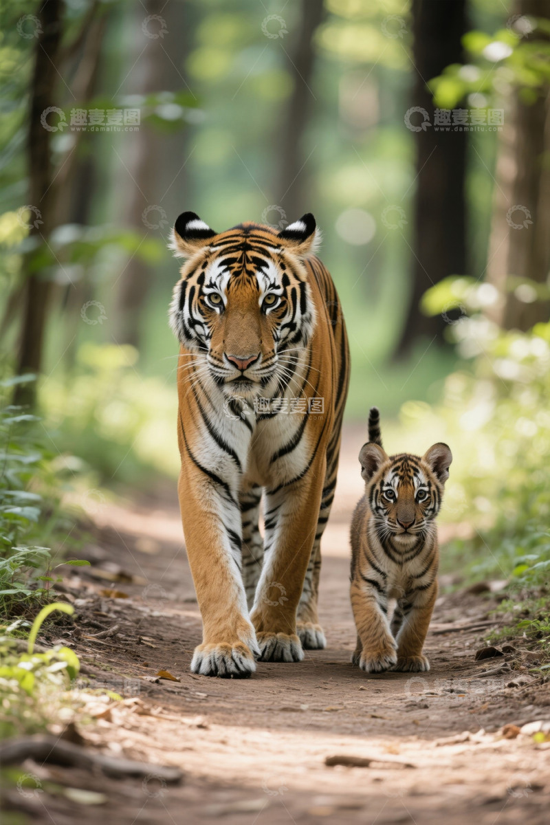 高清大图下载【趣麦麦图】林间母虎与幼虎同行