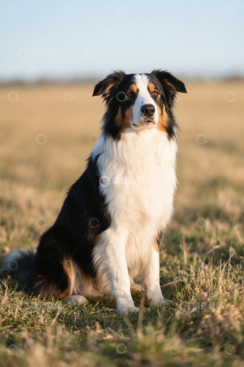 高清大图下载【趣麦麦图】草地坐着的三色牧羊犬