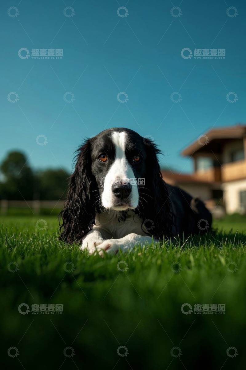 高清大图下载【趣麦麦图】草地上趴着的黑白宠物狗