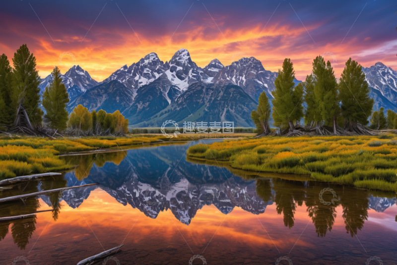 高清大图下载【趣麦麦图】山间河畔绚丽日出自然风光