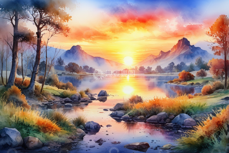 高清大图下载【趣麦麦图】湖畔山林日落自然风光