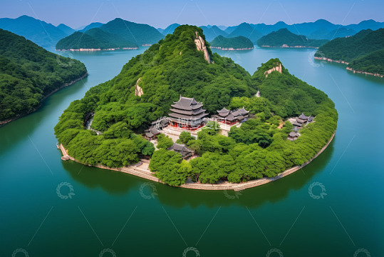 湖中小岛古建筑风景航拍