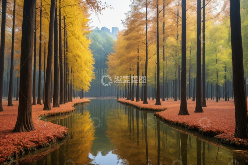 高清大图下载【趣麦麦图】秋日森林中的河流景观