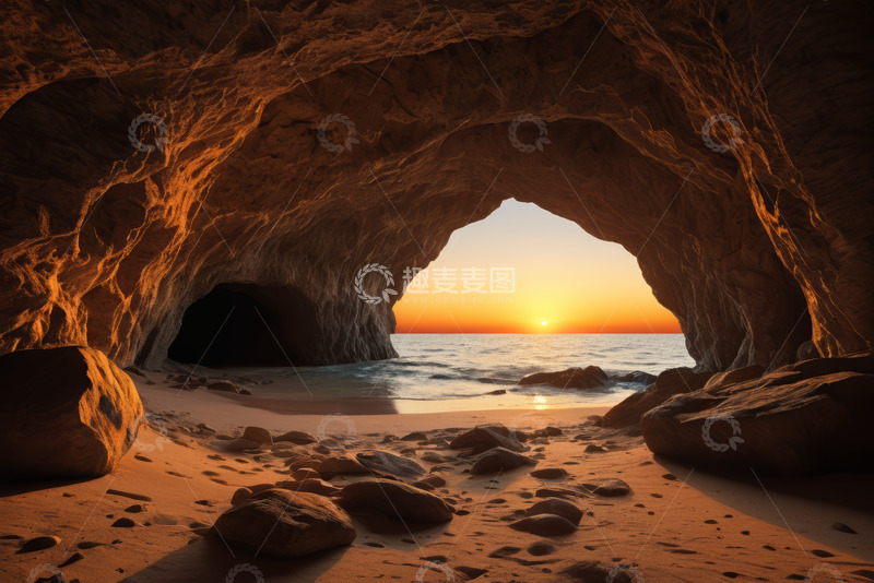 高清大图下载【趣麦麦图】海边洞穴日落景观