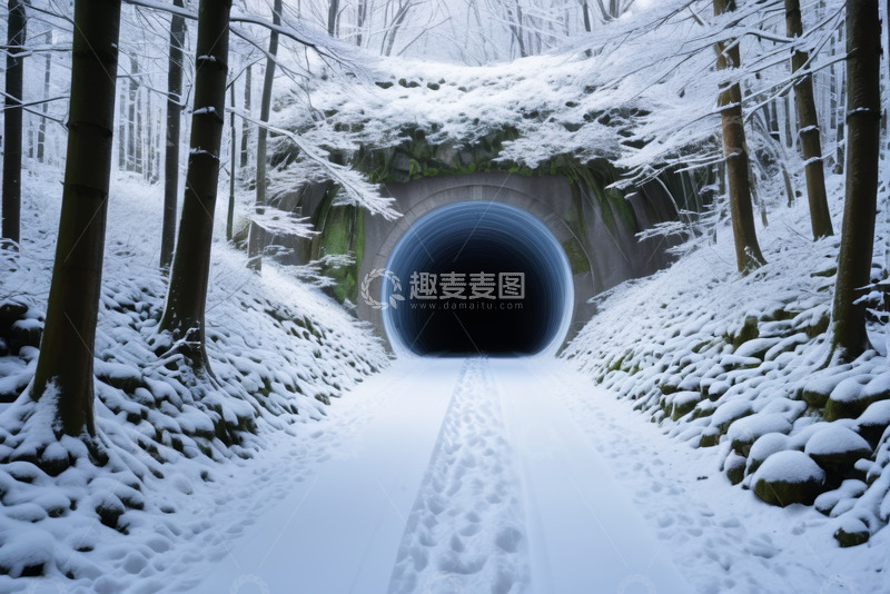 高清大图下载【趣麦麦图】雪地森林中的隧道入口