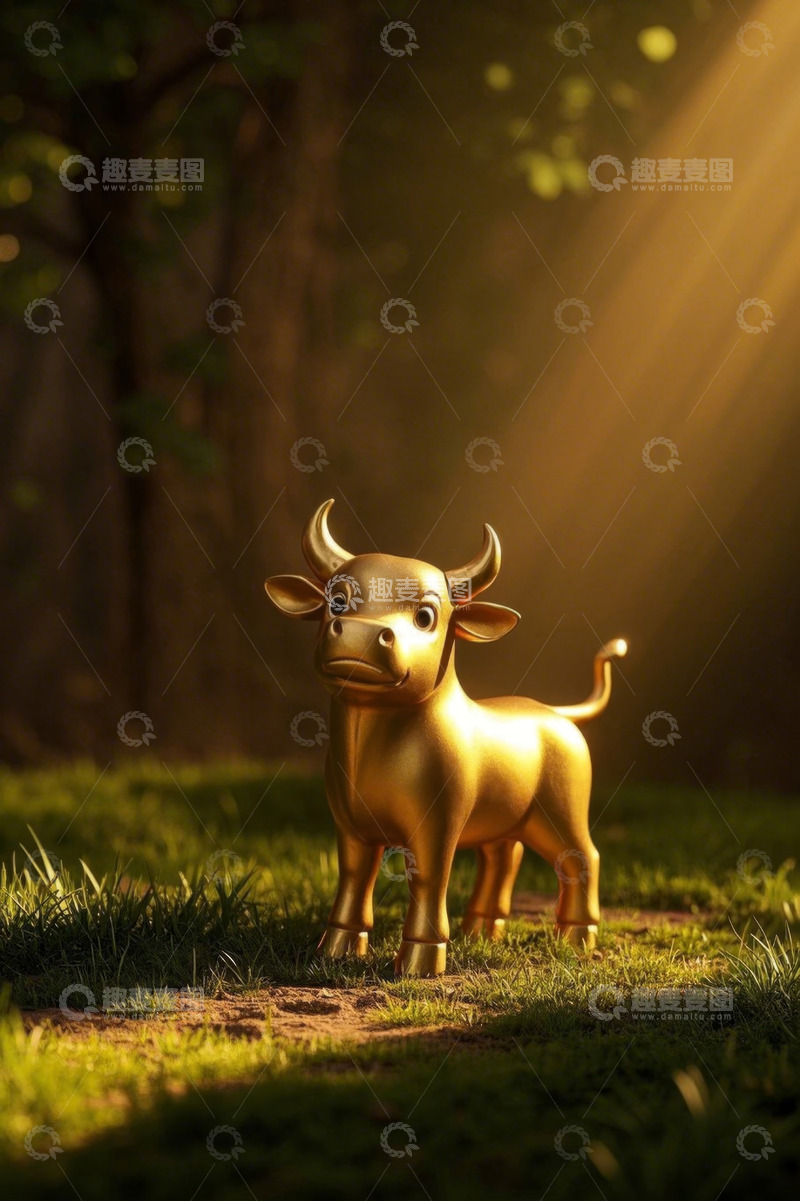 高清大图下载【趣麦麦图】草地上的金色小牛装饰摆件