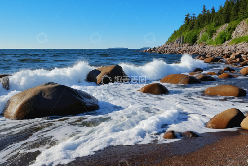 高清大图下载【趣麦麦图】海浪拍打岸边礁石的自然景观