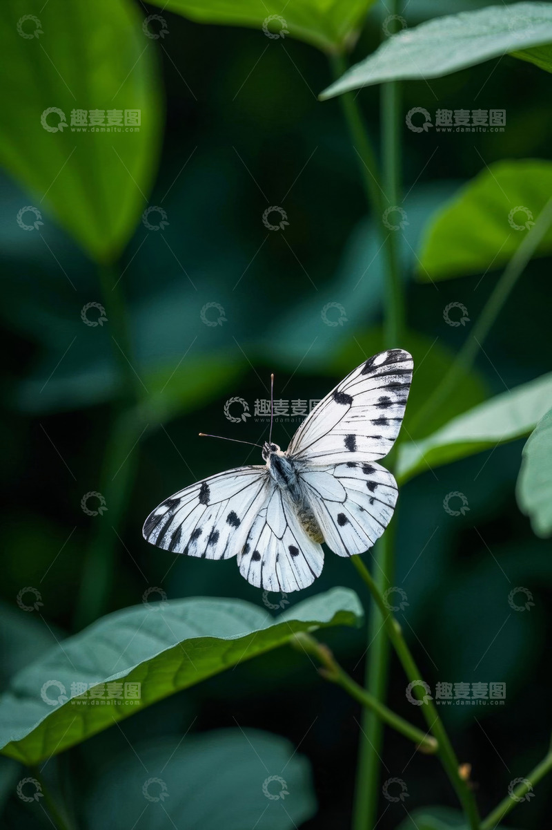 高清大图下载【趣麦麦图】白色蝴蝶停留在绿叶上