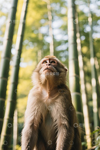 竹林中抬头张望的猴子