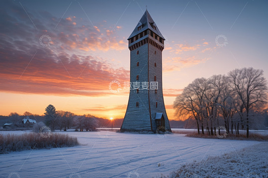 雪地上高耸的塔楼与日出景观