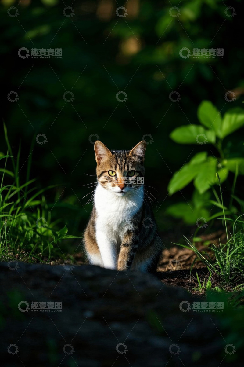 高清大图下载【趣麦麦图】草丛中坐着的花色猫咪