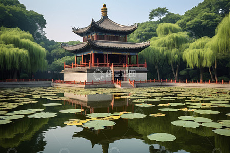 中式古亭与荷塘景观