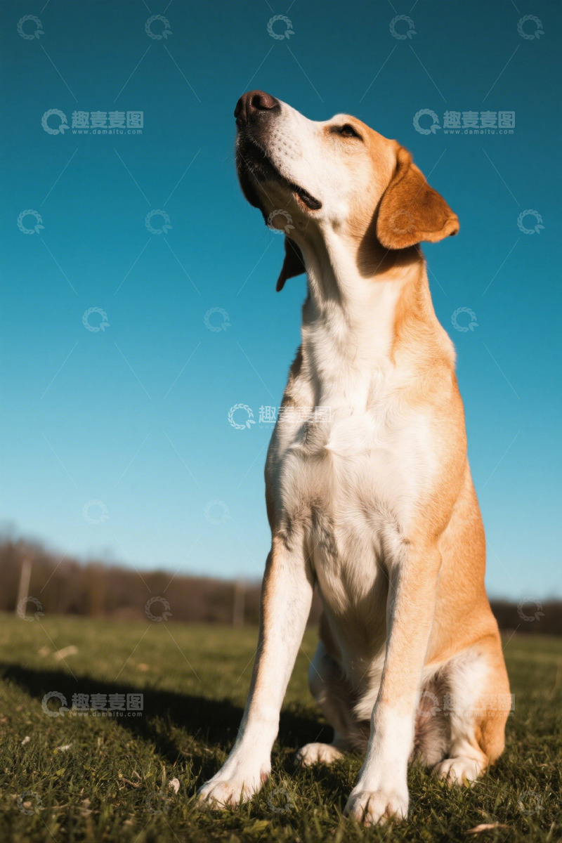 高清大图下载【趣麦麦图】草地中仰头而坐的狗