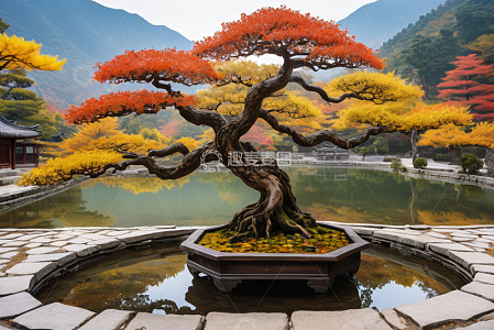 庭院中红枫盆景与山水景致