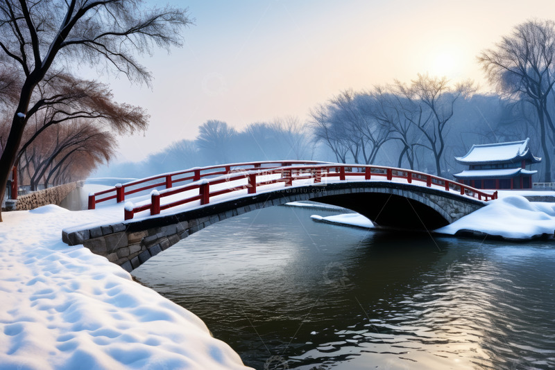 高清大图下载【趣麦麦图】雪后拱桥河边中式景观