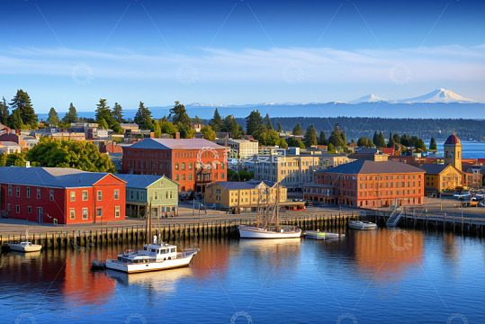 海滨小镇港口船只与建筑景观