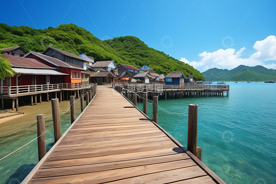 海边木质栈桥与沿岸民居