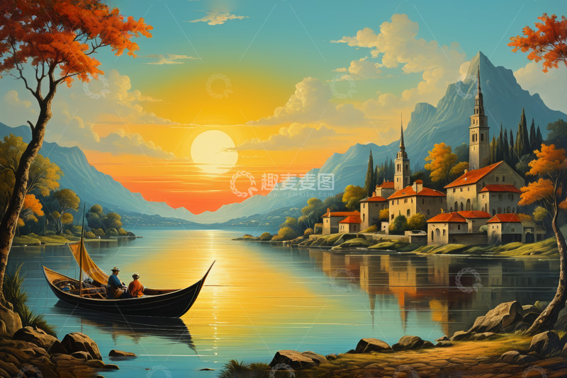 高清大图下载【趣麦麦图】湖畔夕阳下小船与岸边建筑景观