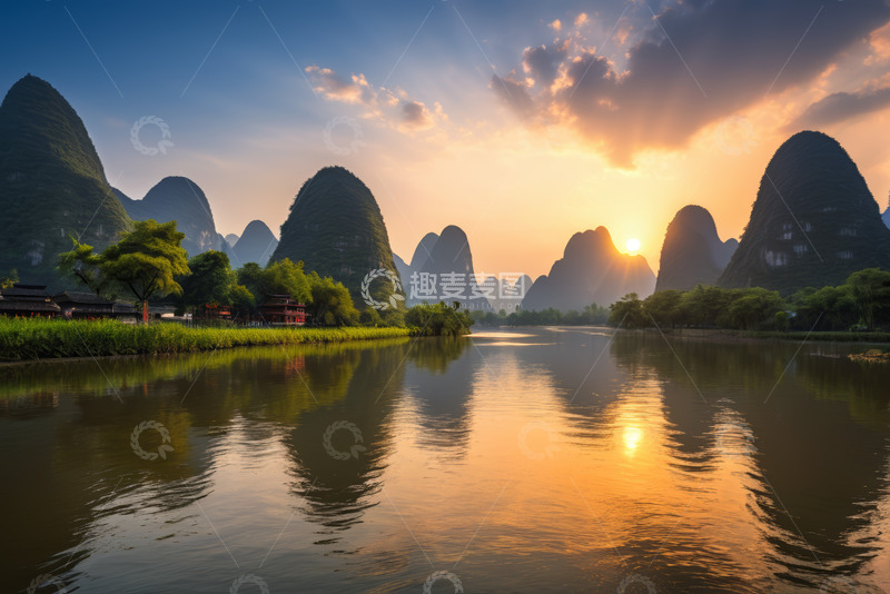 高清大图下载【趣麦麦图】桂林漓江自然风光日落景象