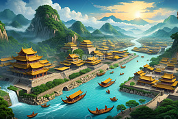 中国古风山水城市景观