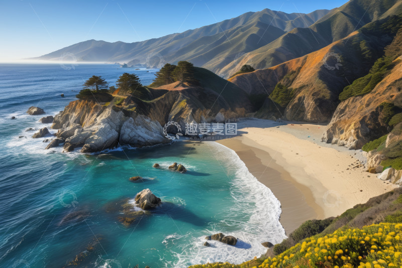 高清大图下载【趣麦麦图】海岸边沙滩与山峦风景