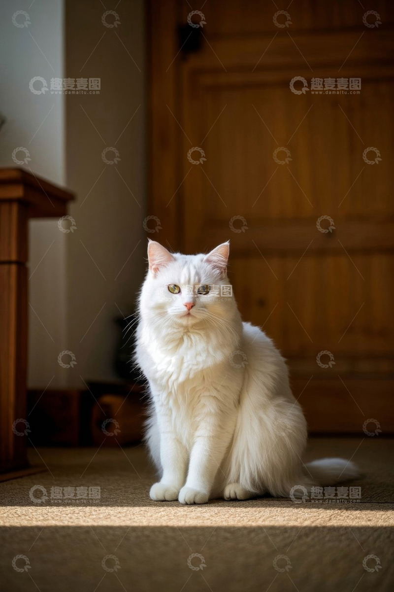 高清大图下载【趣麦麦图】室内端坐的白色猫咪