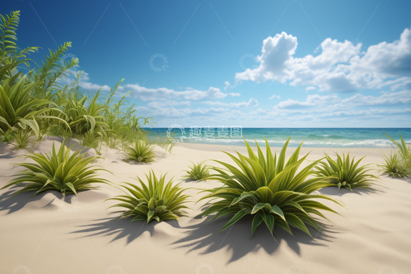 高清大图下载【趣麦麦图】海滩上的绿植与蓝天白云海景