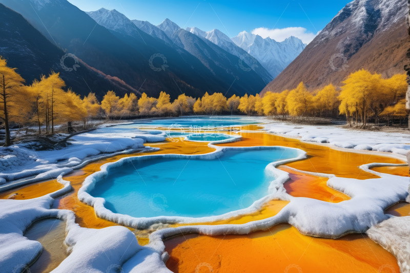 高清大图下载【趣麦麦图】山谷彩池与雪山黄叶景观