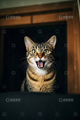 张嘴的斑纹猫咪特写