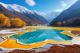 雪山下五彩斑斓的湖泊风光