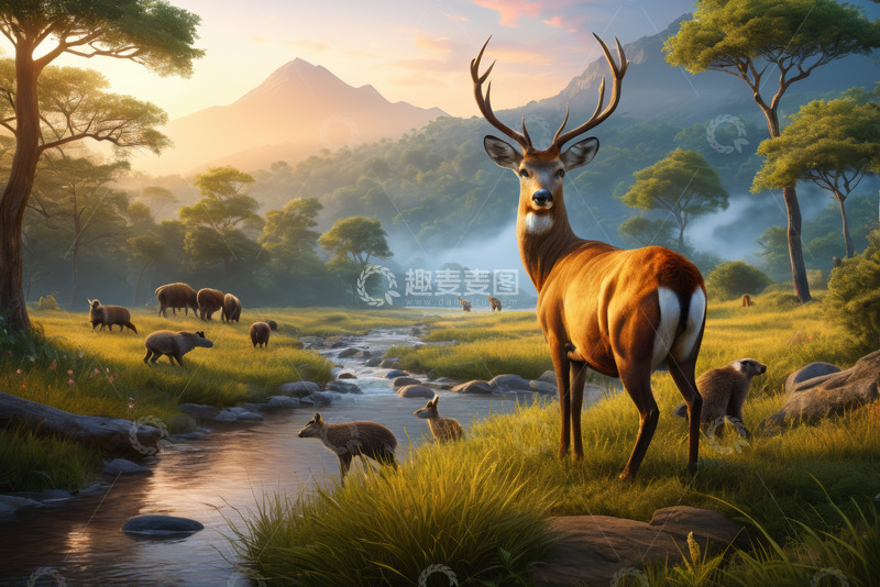 高清大图下载【趣麦麦图】森林中鹿与其他野生动物场景