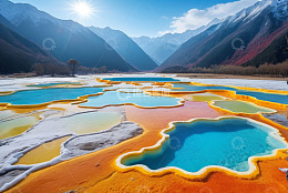 山间五彩斑斓的天然水池