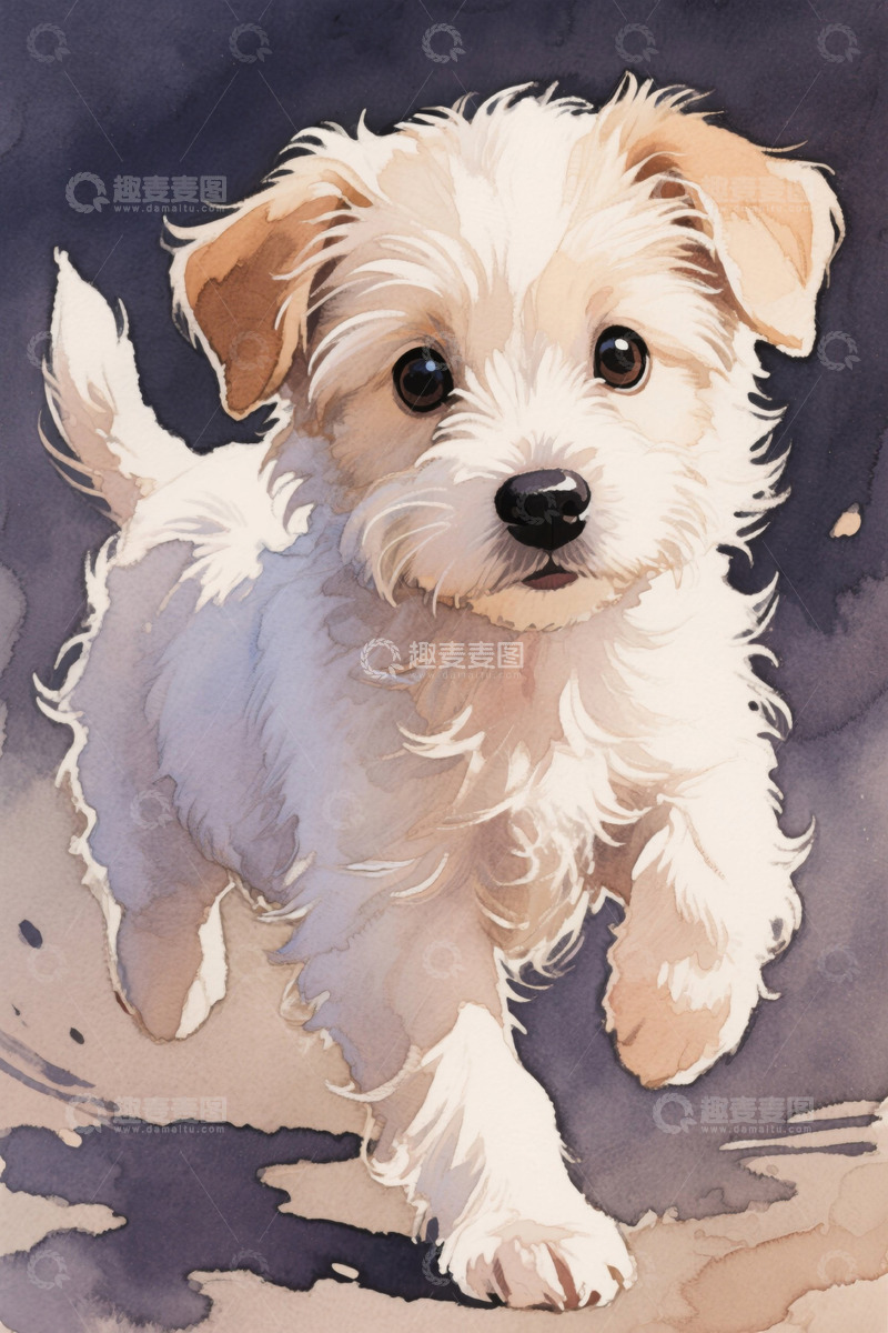 高清大图下载【趣麦麦图】水彩风格奔跑的可爱小狗